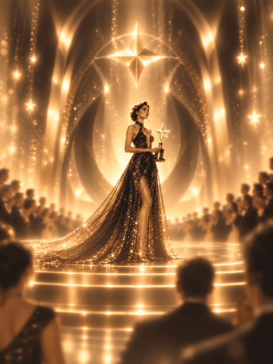 A winner holding a star trophy on an illuminated stage
