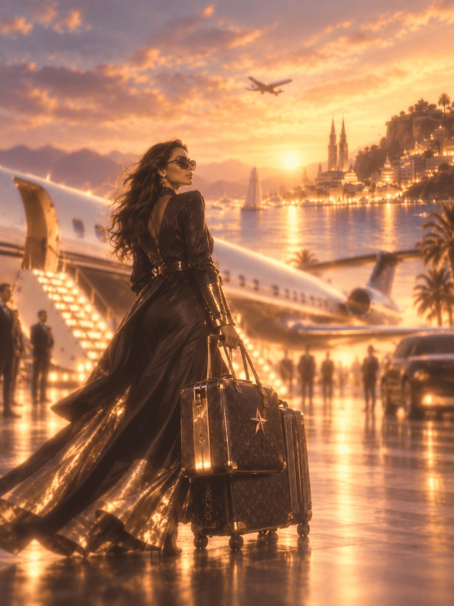 A traveller with star-monogrammed luggage beside a private jet at sunset
