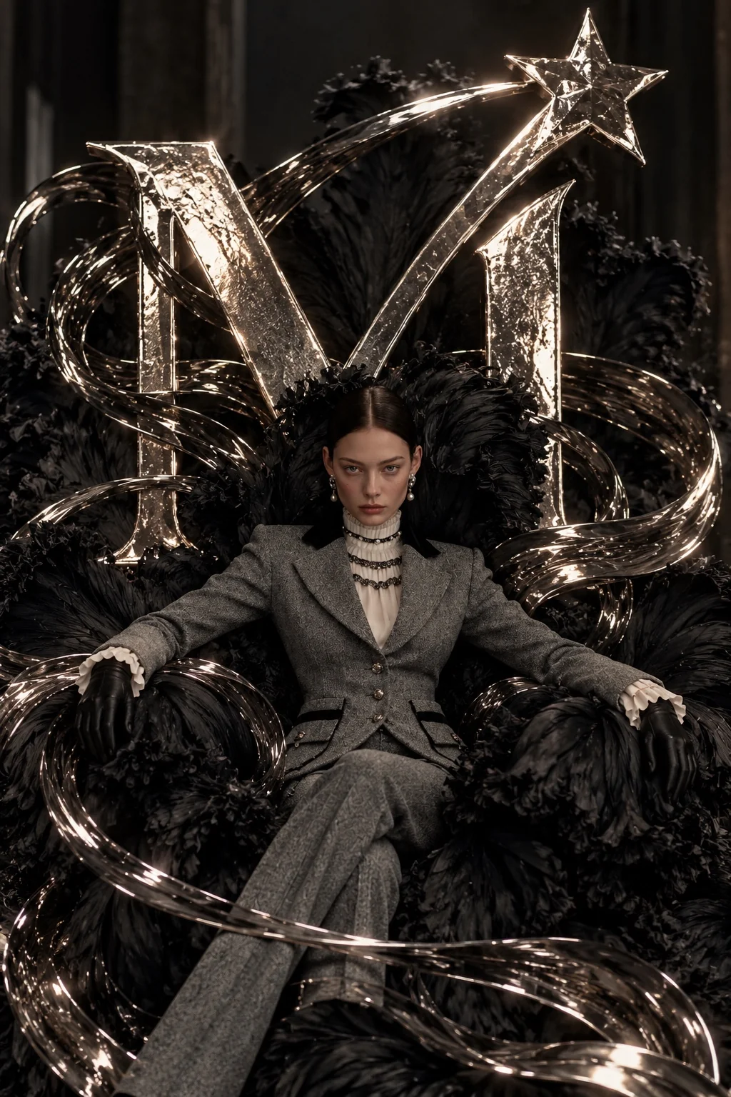 Structured tailoring and midnight feathers in an editorial throne portrait