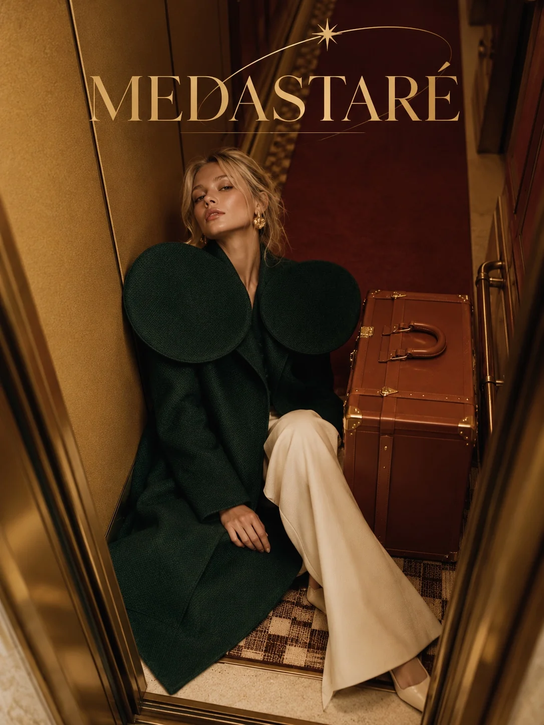 Editorial portrait in emerald structured tailoring and warm metallic interiors
