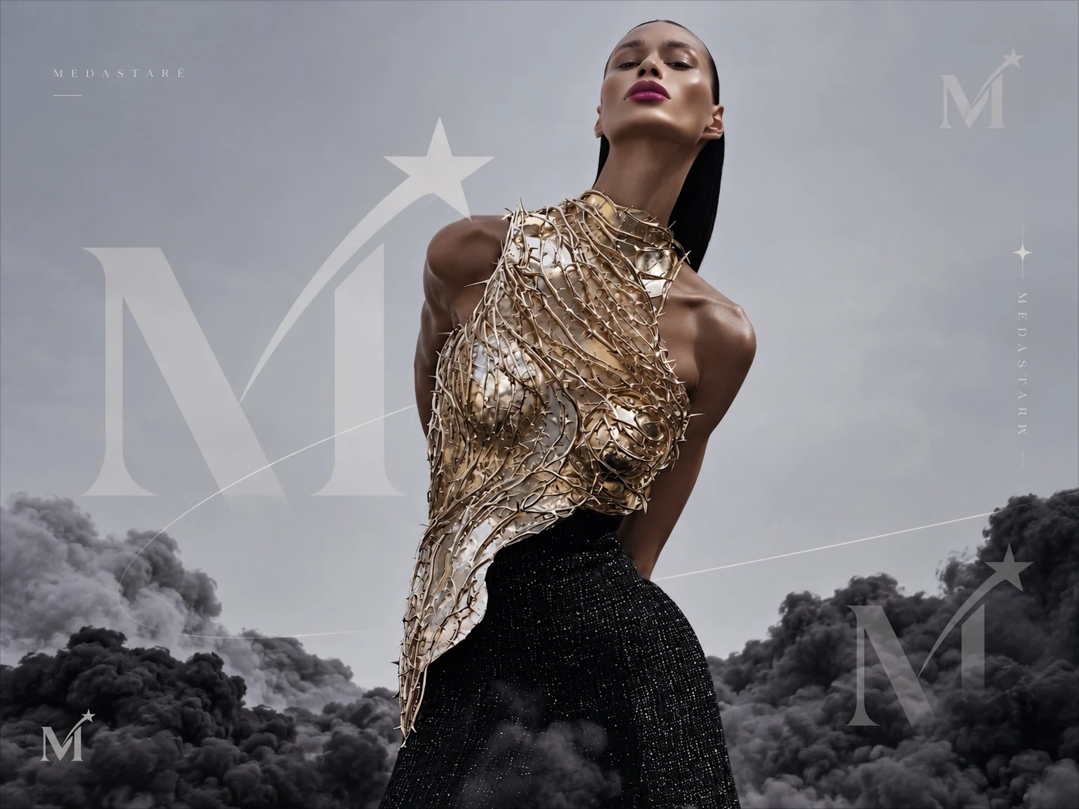 Sculptural golden details and atmospheric smoke