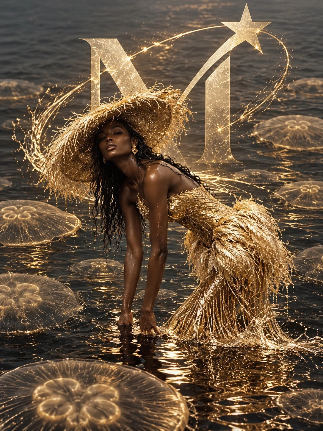 Golden couture surrounded by illuminated jellyfish