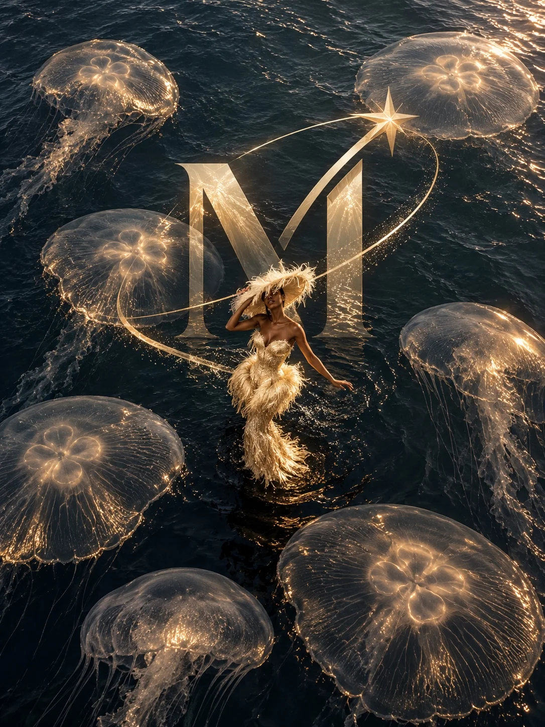 Night ocean with golden glowing jellyfish