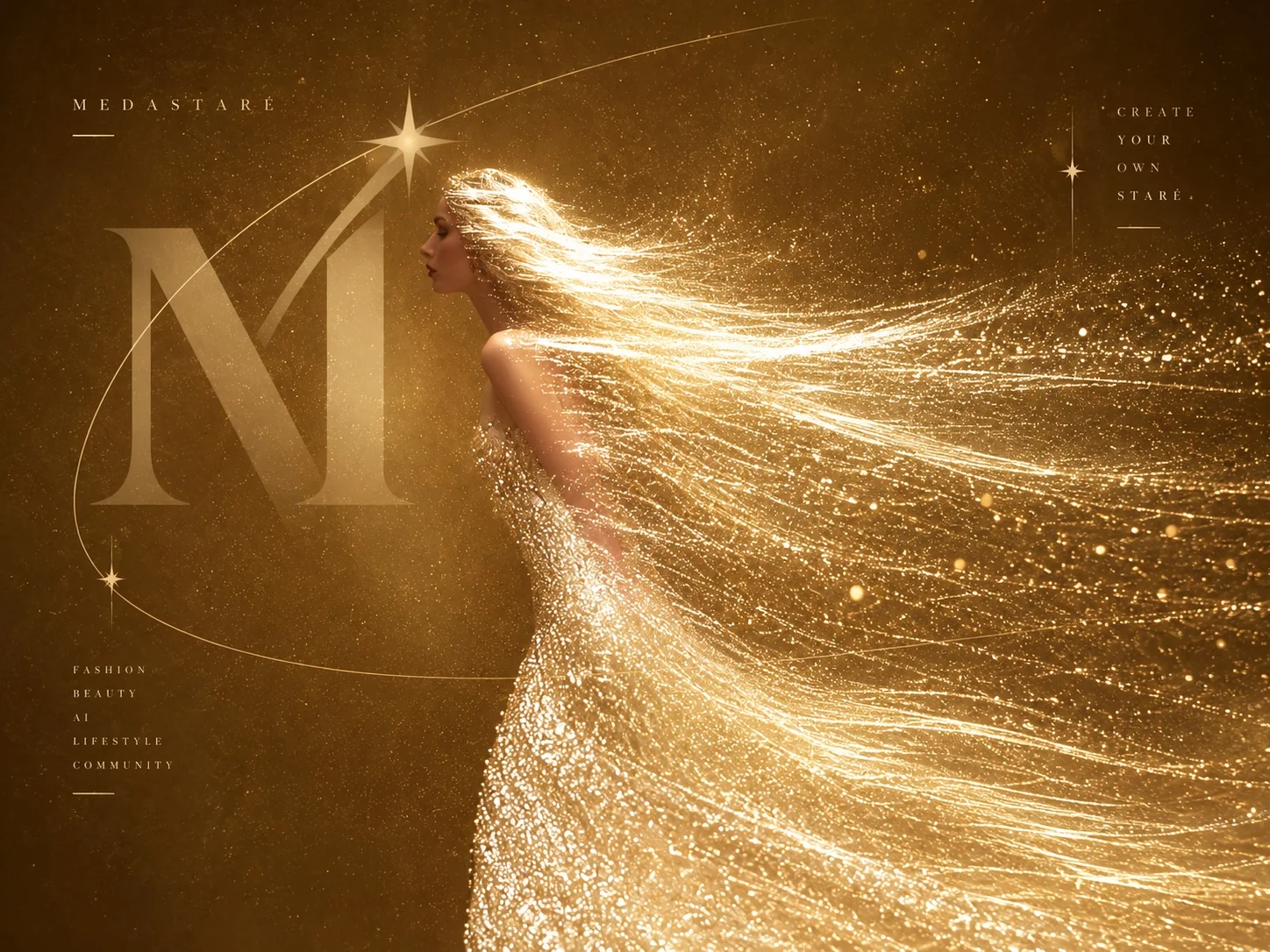 MedaStaré gold couture in a sweeping illuminated campaign image