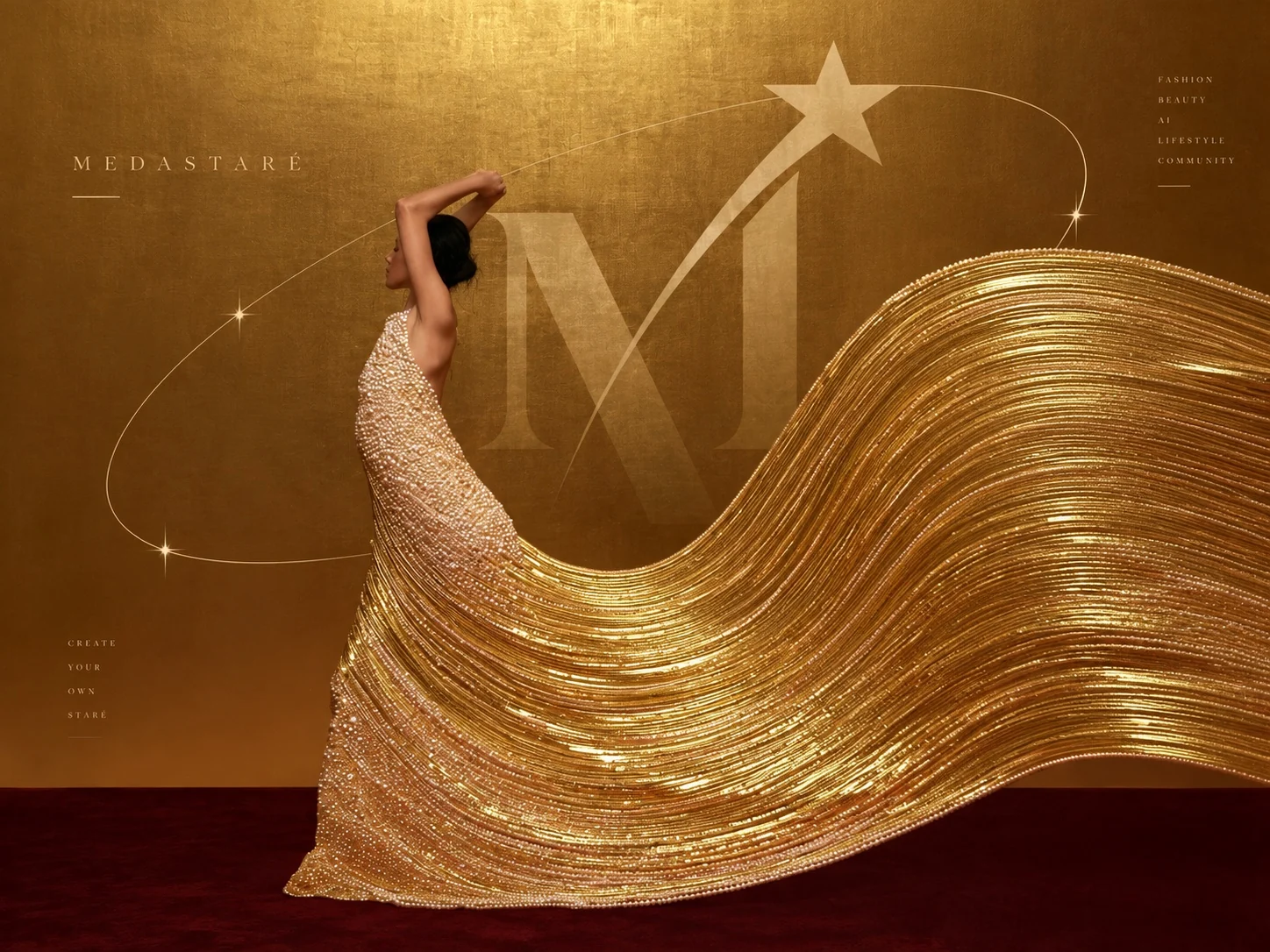 Sculptural liquid-gold fashion editorial flowing across frame