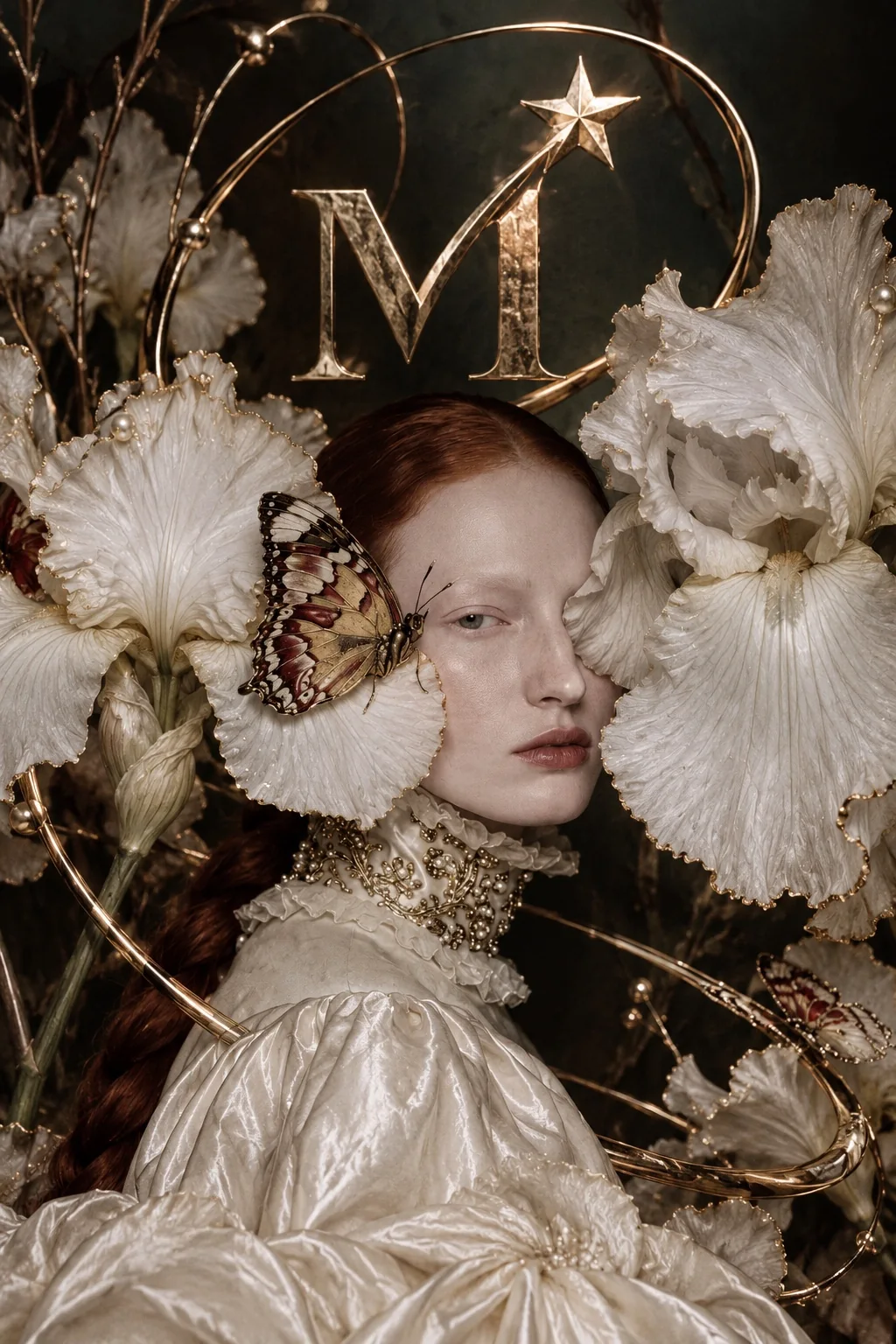 Couture archival portrait amongst ivory irises and golden ornament