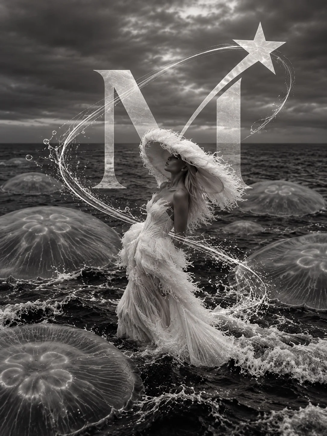 Monochrome sea couture and an orbiting star