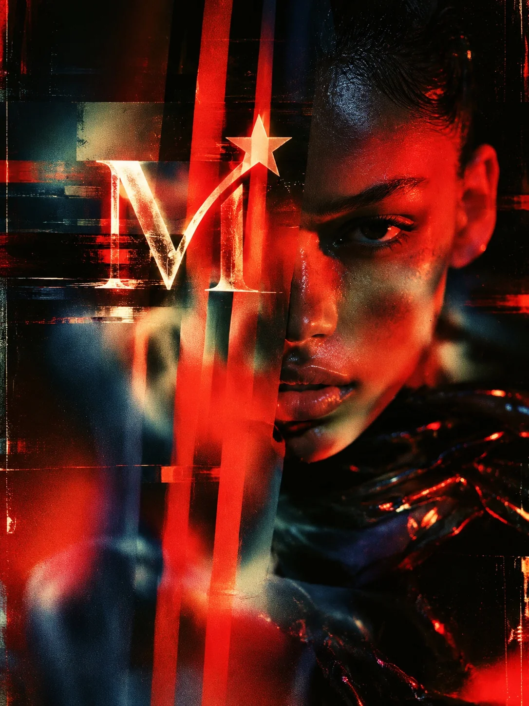 Abstract neon red editorial AI portrait