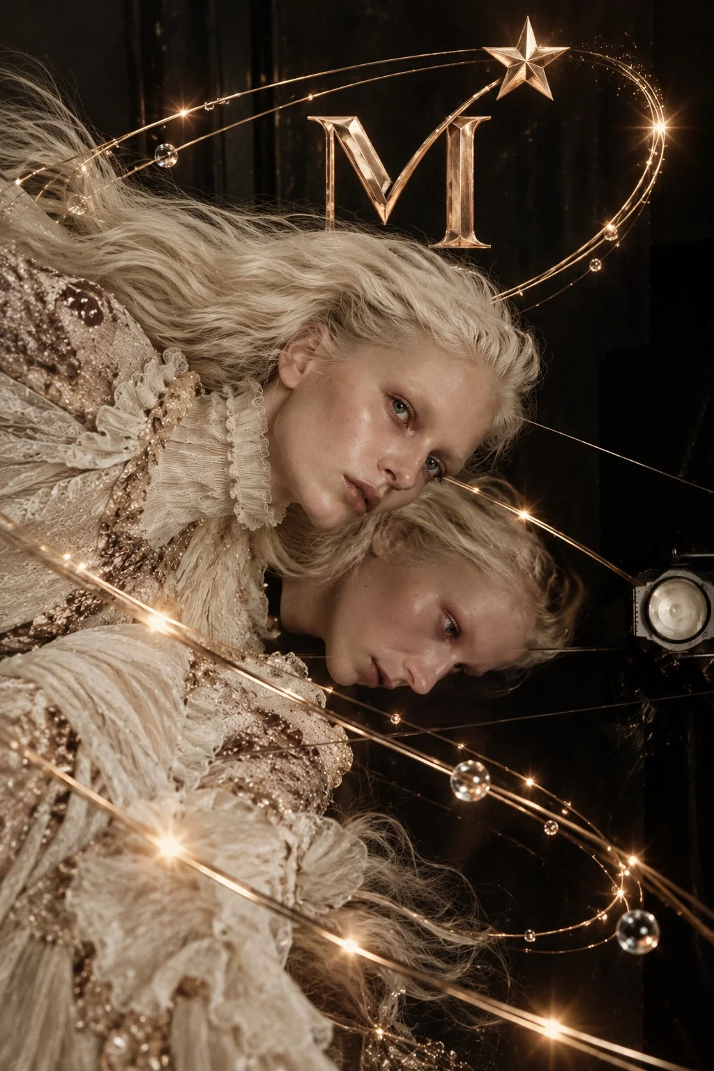 Couture portrait with mirrored identity and fine gold monogram rings