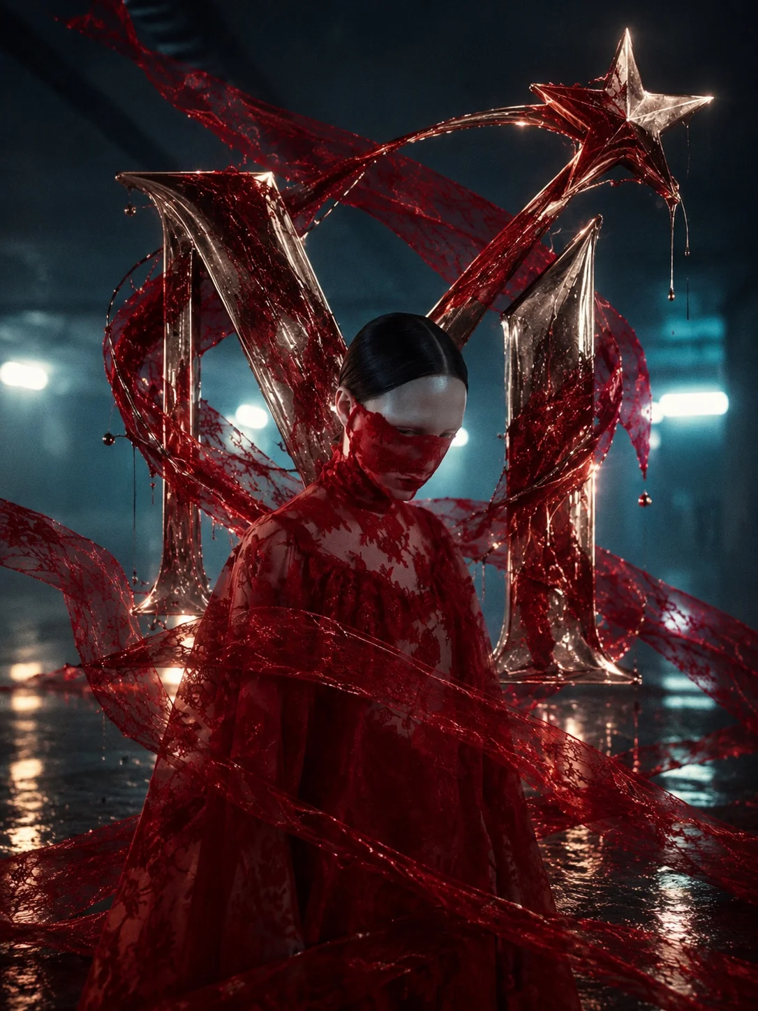 Red fashion veil and futuristic lighting