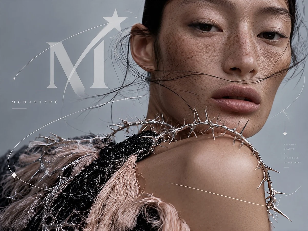 Extreme close-up of a fashion model wearing sculptural metallic accessories