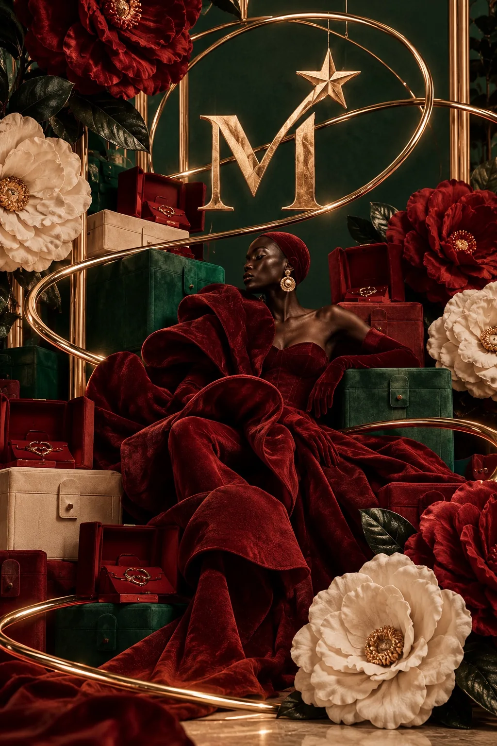 Burgundy couture portrait surrounded by sculptural flowers